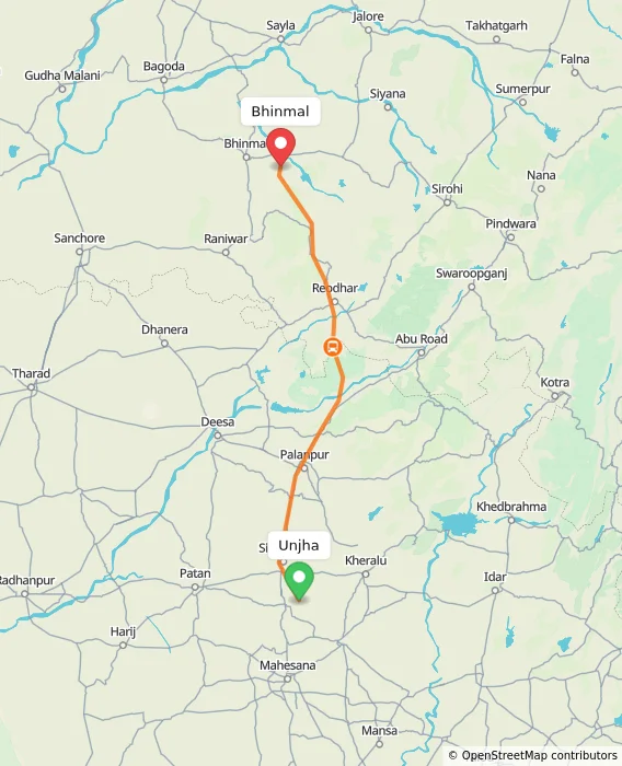 Route map showing distance and travel time from Unjha, India to Bhinmal, India