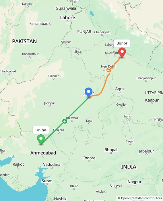 Route map showing distance and travel time from Unjha, India to Bijnor, India