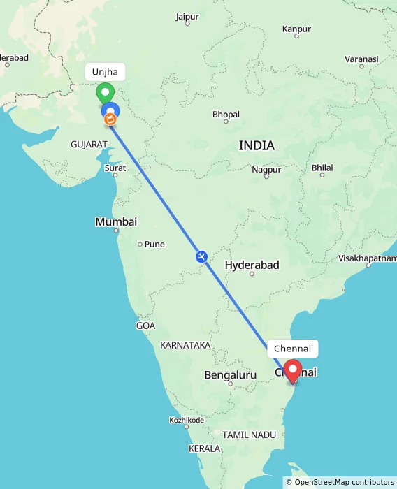 Route map showing distance and travel time from Unjha, India to Chennai, India