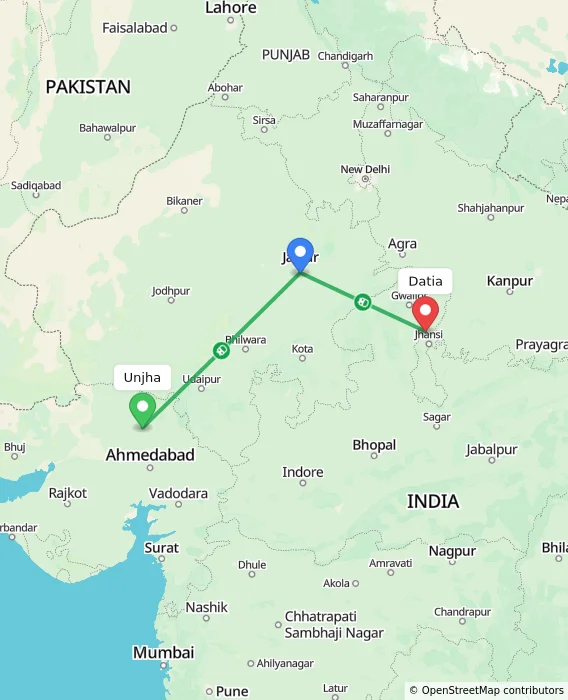 Route map showing distance and travel time from Unjha, India to Datia, India