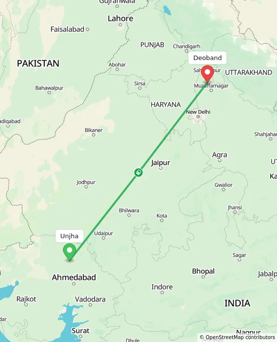 Route map showing distance and travel time from Unjha, India to Deoband, India
