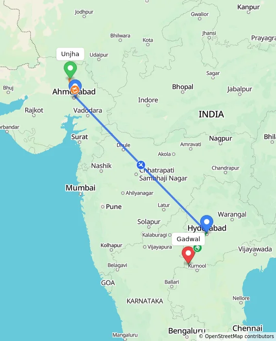 Route map showing distance and travel time from Unjha, India to Gadwal, India