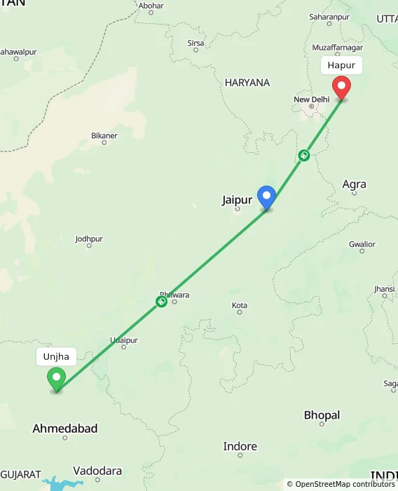 Route map showing distance and travel time from Unjha, India to Hapur, India