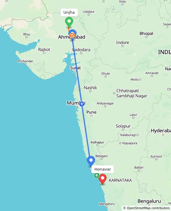 Route map showing distance and travel time from Unjha, India to Honavar, India