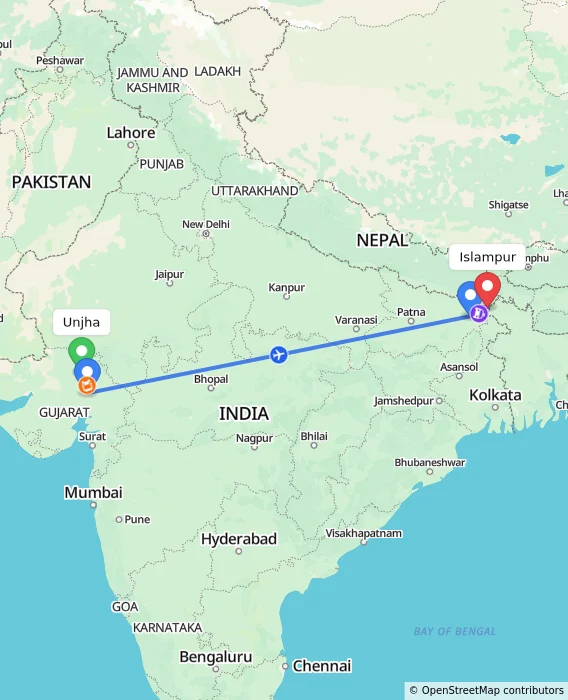Route map showing distance and travel time from Unjha, India to Islampur, India