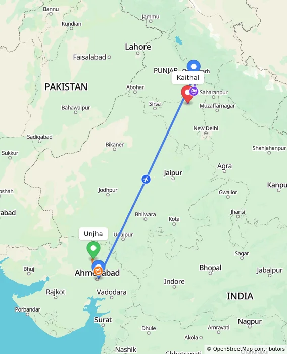 Route map showing distance and travel time from Unjha, India to Kaithal, India