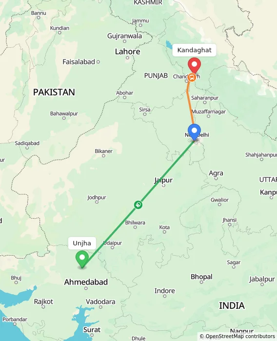 Route map showing distance and travel time from Unjha, India to Kandaghat, India