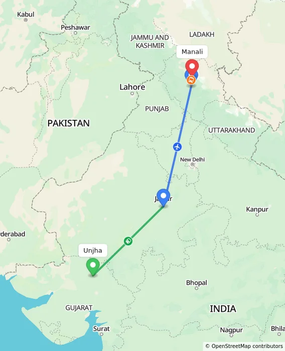 Route map showing distance and travel time from Unjha, India to Manali, India