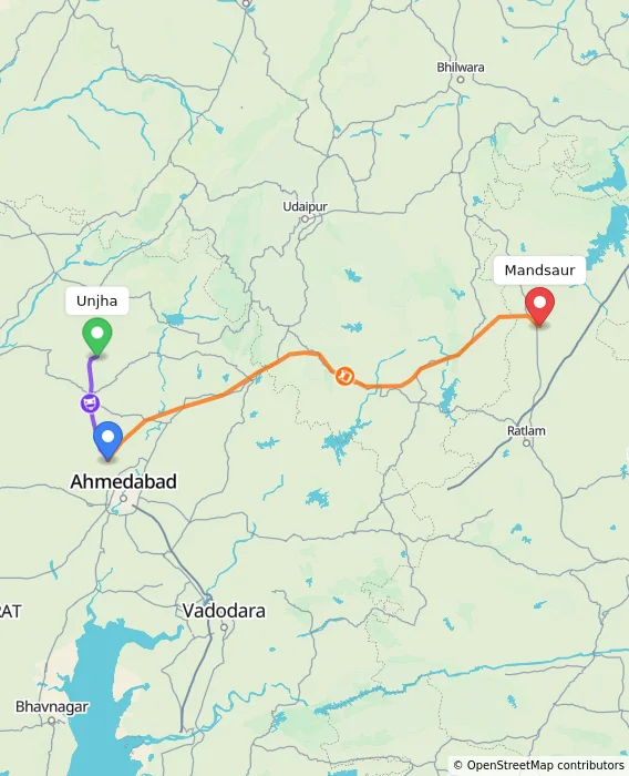 Route map showing distance and travel time from Unjha, India to Mandsaur, India