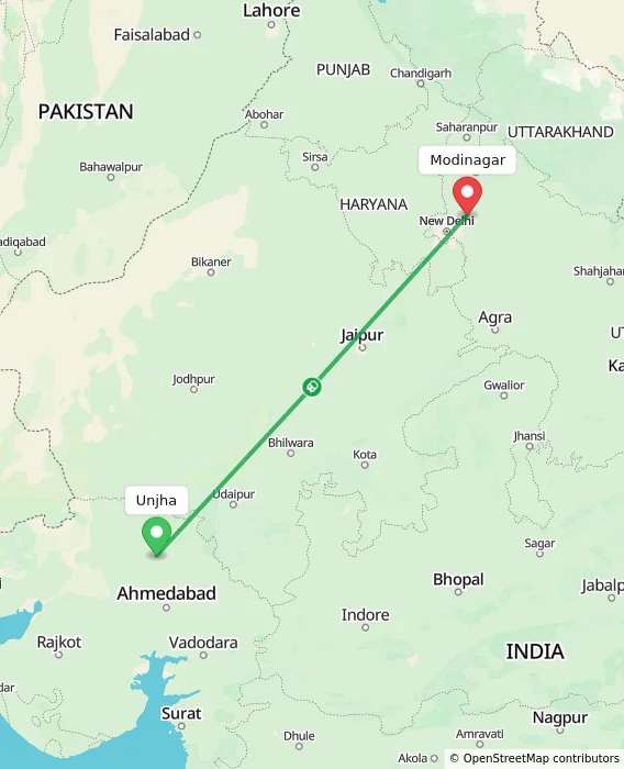 Route map showing distance and travel time from Unjha, India to Modinagar, India