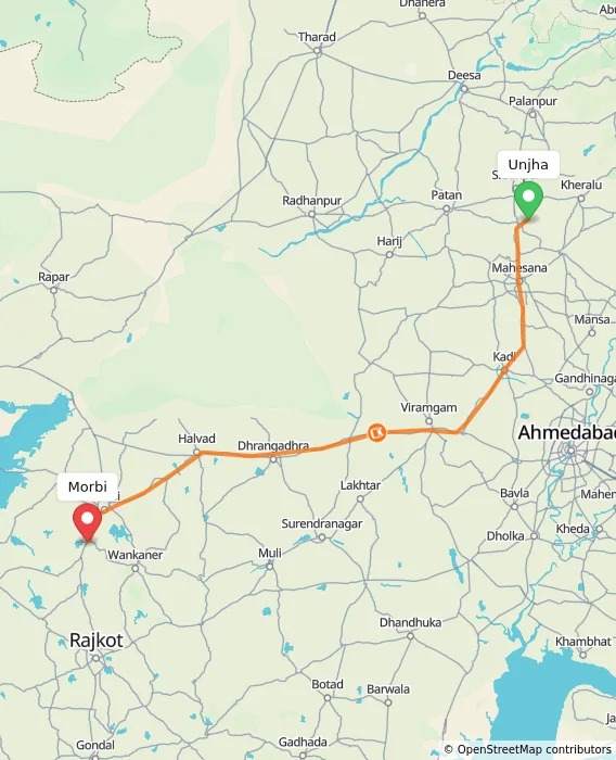 Route map showing distance and travel time from Unjha, India to Morbi, India
