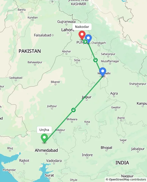 Route map showing distance and travel time from Unjha, India to Nakodar, India