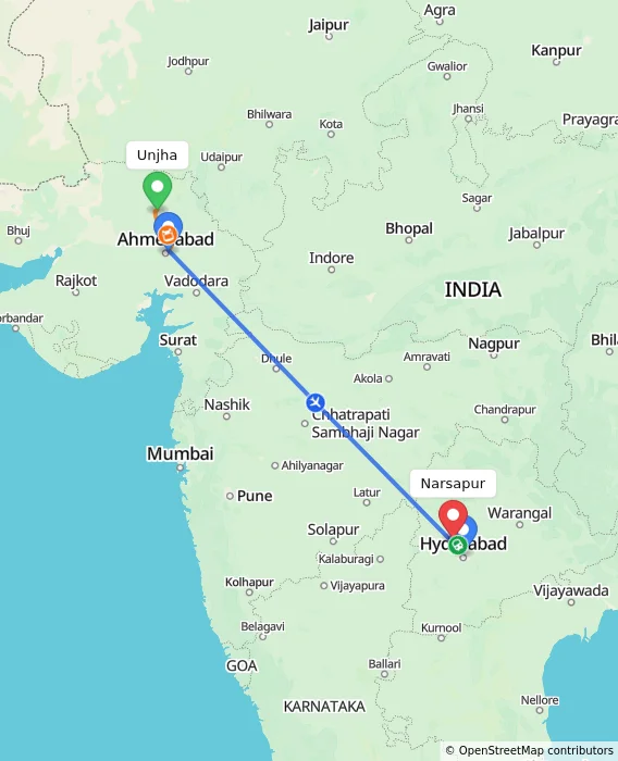 Route map showing distance and travel time from Unjha, India to Narsapur, India