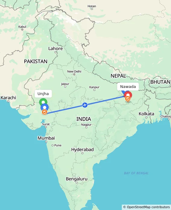 Route map showing distance and travel time from Unjha, India to Nawada, India