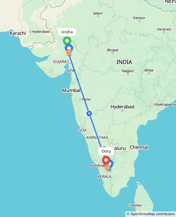 Route map showing distance and travel time from Unjha, India to Ooty, India