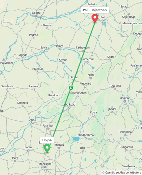 Route map showing distance and travel time from Unjha, India to Pali, Rajasthan, India