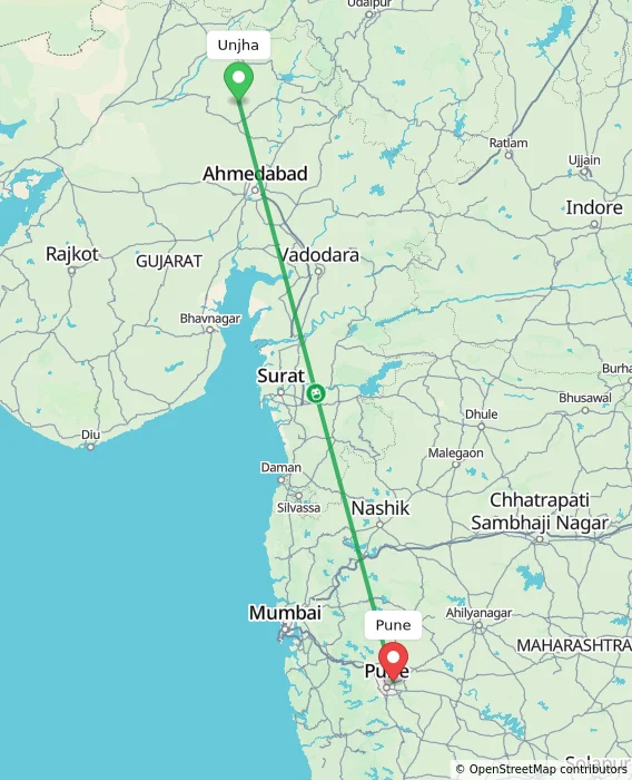 Route map showing distance and travel time from Unjha, India to Pune, India