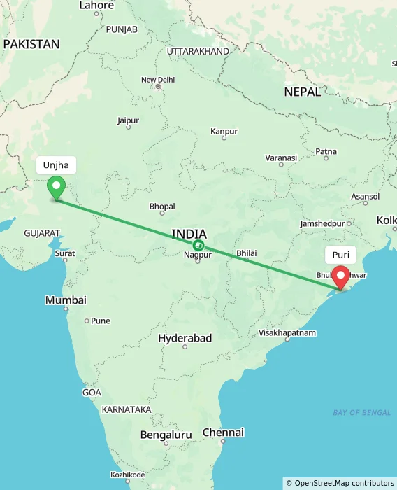 Route map showing distance and travel time from Unjha, India to Puri, India