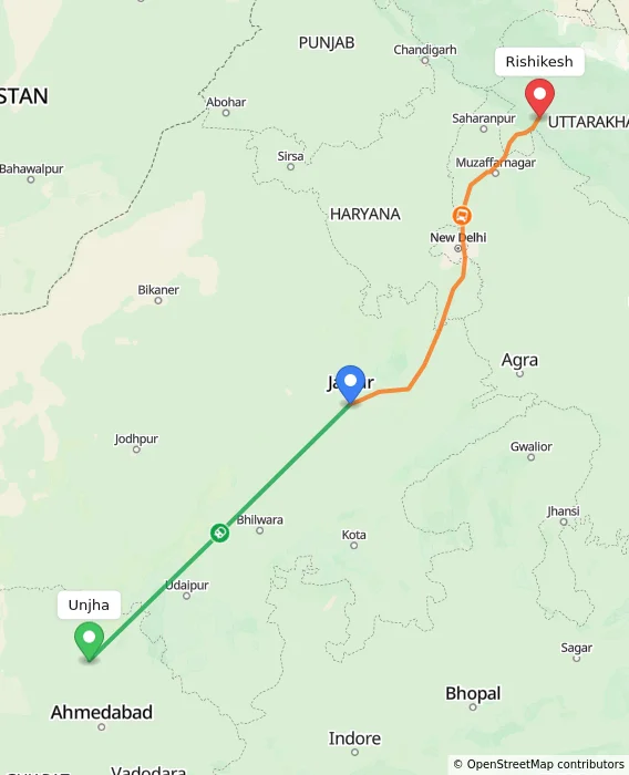 Route map showing distance and travel time from Unjha, India to Rishikesh, India