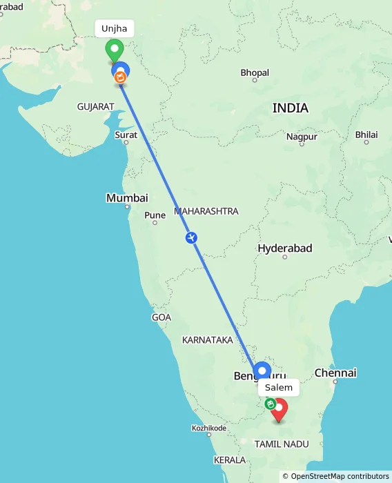 Route map showing distance and travel time from Unjha, India to Salem, India