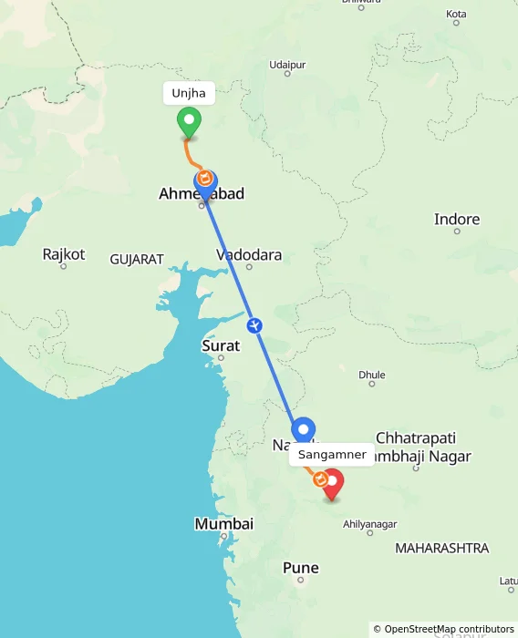 Route map showing distance and travel time from Unjha, India to Sangamner, India