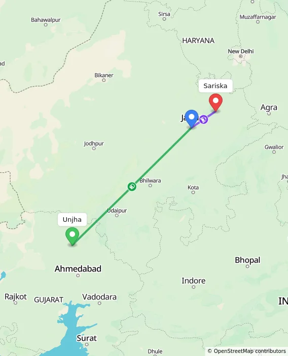 Route map showing distance and travel time from Unjha, India to Sariska, India