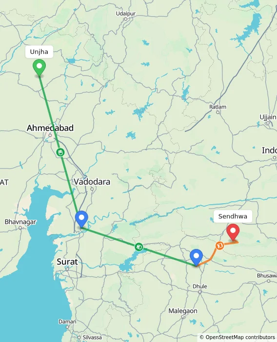 Route map showing distance and travel time from Unjha, India to Sendhwa, India