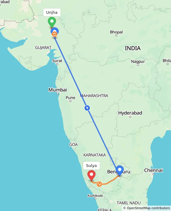 Route map showing distance and travel time from Unjha, India to Sulya, India