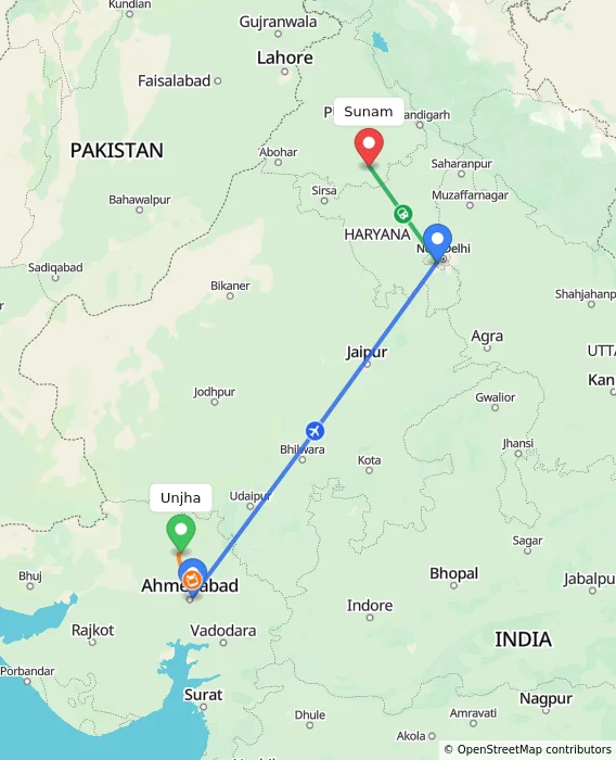 Route map showing distance and travel time from Unjha, India to Sunam, India