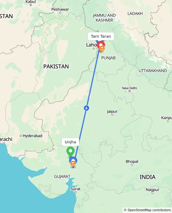 Route map showing distance and travel time from Unjha, India to Tarn Taran, India