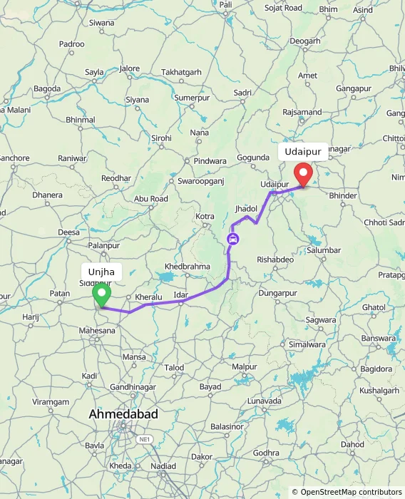 Route map showing distance and travel time from Unjha, India to Udaipur, India