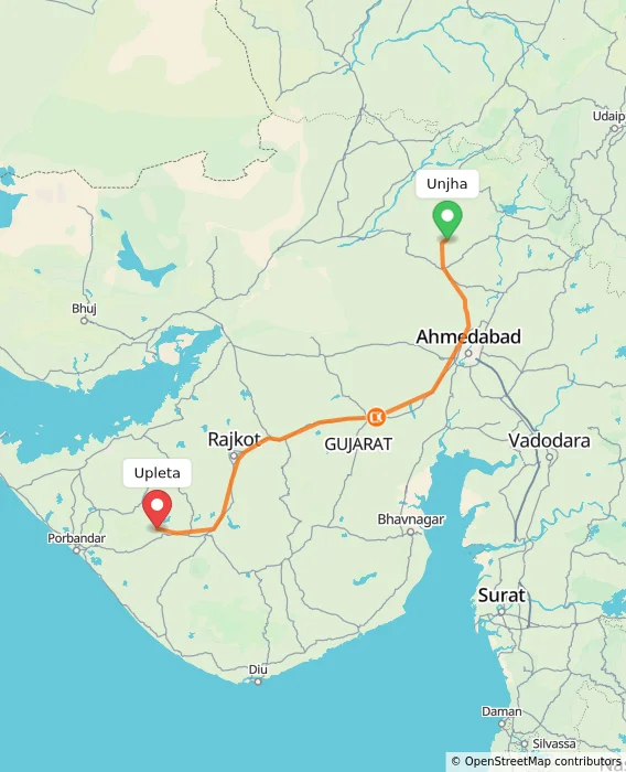 Route map showing distance and travel time from Unjha, India to Upleta, India