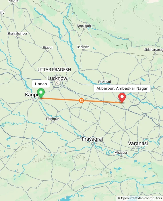 Route map showing distance and travel time from Unnao, India to Akbarpur, Ambedkar Nagar, India
