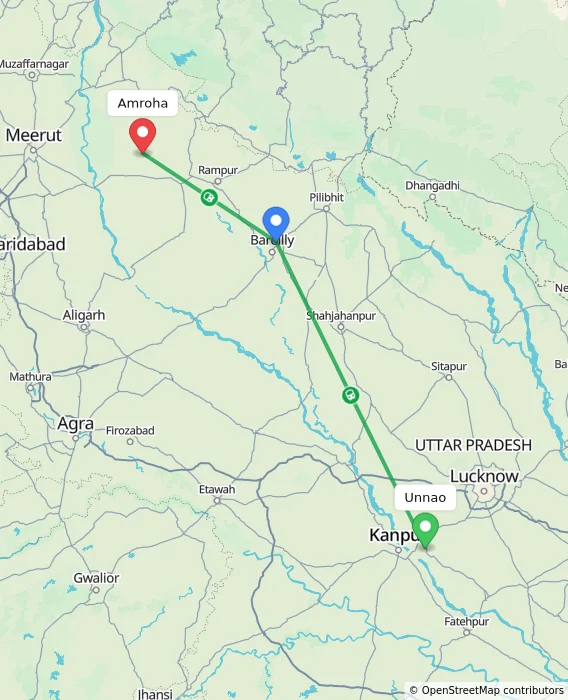 Route map showing distance and travel time from Unnao, India to Amroha, India