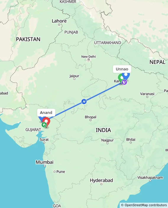Route map showing distance and travel time from Unnao, India to Anand, India