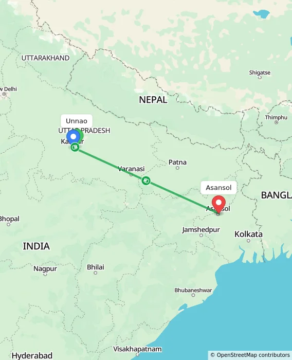 Route map showing distance and travel time from Unnao, India to Asansol, India