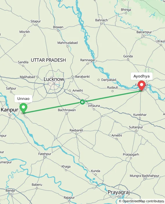 Route map showing distance and travel time from Unnao, India to Ayodhya, India