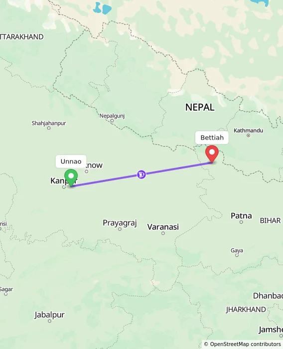Route map showing distance and travel time from Unnao, India to Bettiah, India