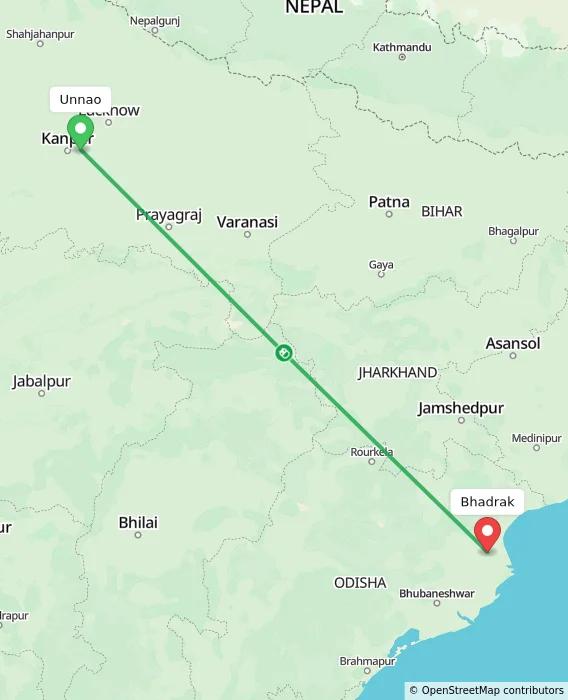 Route map showing distance and travel time from Unnao, India to Bhadrak, India