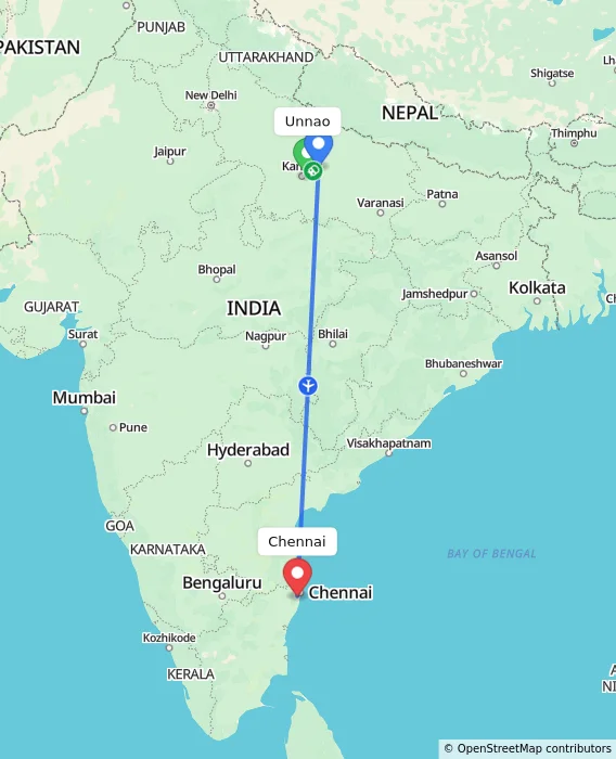 Route map showing distance and travel time from Unnao, India to Chennai, India