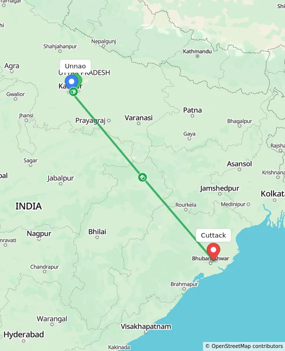 Route map showing distance and travel time from Unnao, India to Cuttack, India