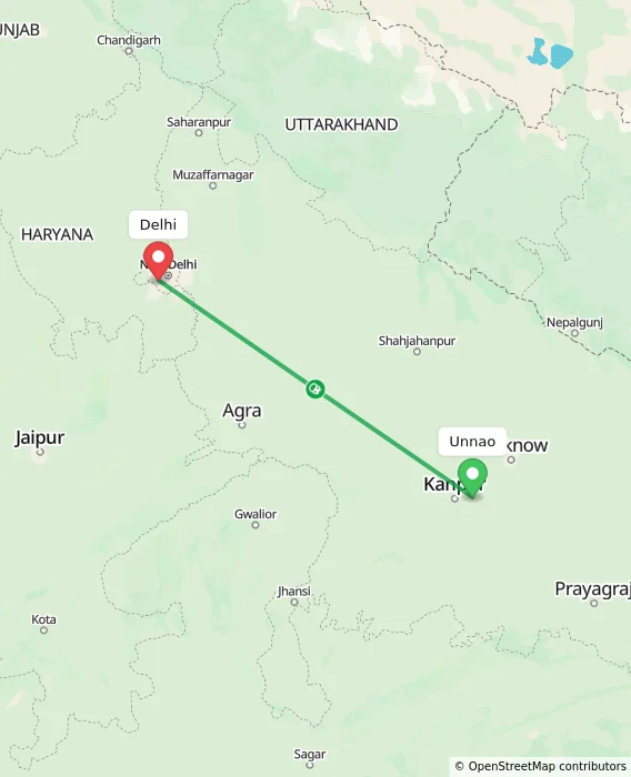 Route map showing distance and travel time from Unnao, India to Delhi, India