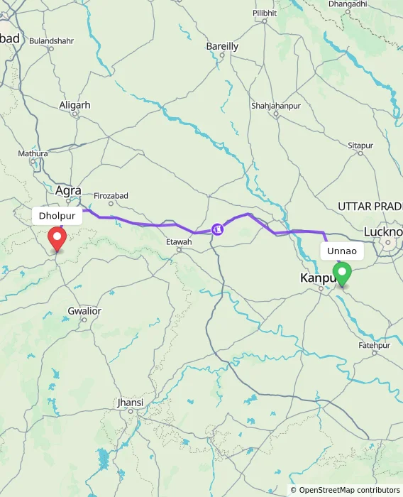 Route map showing distance and travel time from Unnao, India to Dholpur, India