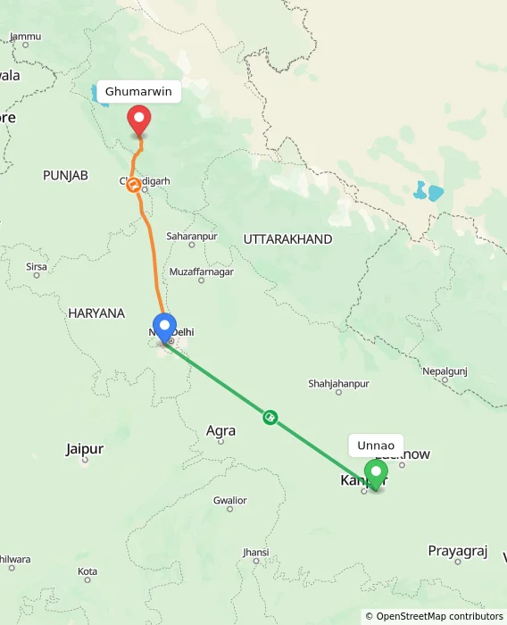 Route map showing distance and travel time from Unnao, India to Ghumarwin, India