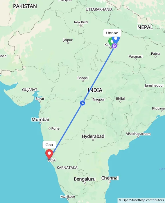 Route map showing distance and travel time from Unnao, India to Goa, India