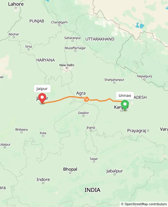 Route map showing distance and travel time from Unnao, India to Jaipur, India