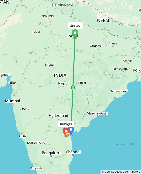 Route map showing distance and travel time from Unnao, India to Kanigiri, India
