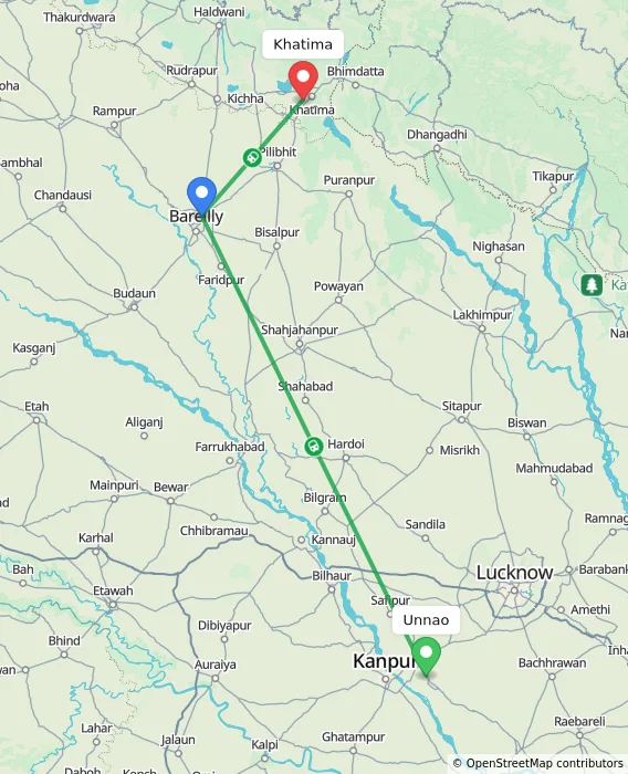 Route map showing distance and travel time from Unnao, India to Khatima, India