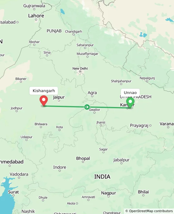 Route map showing distance and travel time from Unnao, India to Kishangarh, India