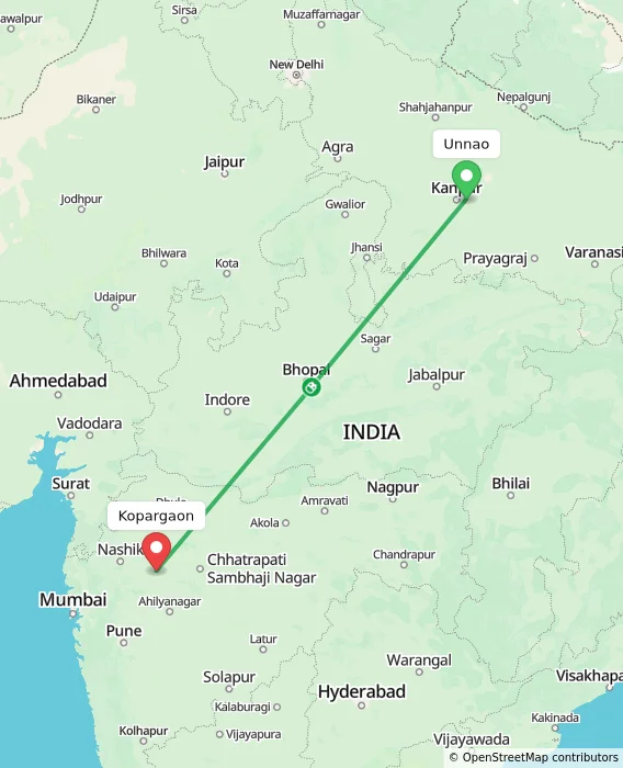 Route map showing distance and travel time from Unnao, India to Kopargaon, India
